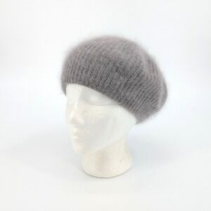 Grey Angora Blend Fuzzy Knit Beret Hat Ribbed Parisian Style